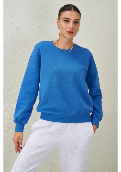 Tena Moda Kadın Mavi Bisiklet Yaka Üç Iplik Basic Sweatshirt