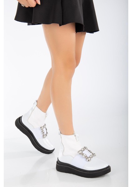 Rugan Streç Taşlı Kalın Taban Beyaz Kadın Bot indirimleri