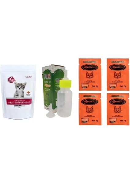 Yavru Kedi Süt Tozu + Biberon 60 ml Biberon + Kediler Için Prebiotik Probiotik 4 Adet 1 gr