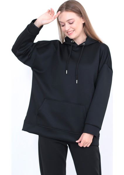 Kadın Siyah Scuba Kapüşonlu Sweatshirt Oversize