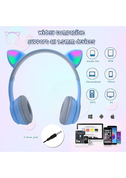 Bluetooth 5.0 Kedi Tasarımlı Katlanabilir Kulak Üstü Kulaklık Mavi