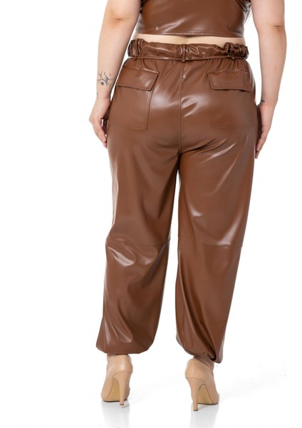 Büyük Beden Paçası Büzgü Detaylı Deri Kahverengi Pantolon modelleri