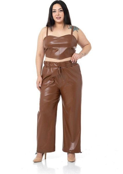 Büyük Beden Paçası Büzgü Detaylı Deri Kahverengi Pantolon indirimleri