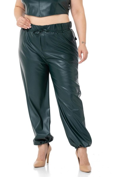 Büyük Beden Paçası Büzgü Detaylı Deri Haki Pantolon