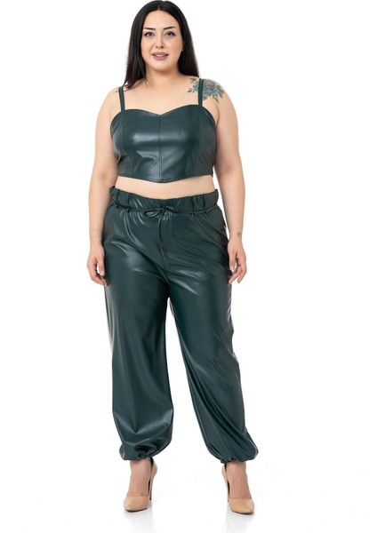 Büyük Beden Paçası Büzgü Detaylı Deri Haki Pantolon fiyatları
