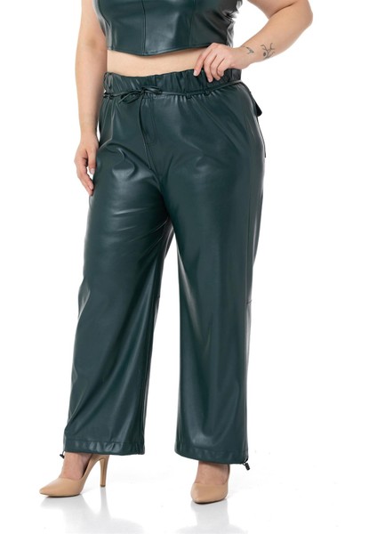 Büyük Beden Paçası Büzgü Detaylı Deri Haki Pantolon indirimleri