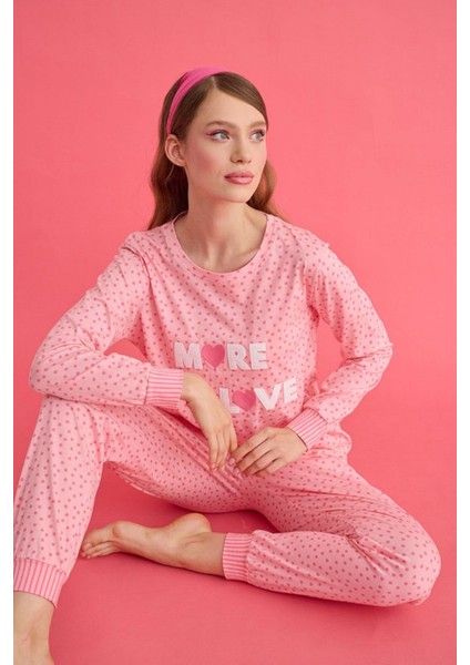 Pamuklu & Likralı, More Love Baskılı, Uzun Kollu, Kadın Pijama Takımı 67870 Pembe