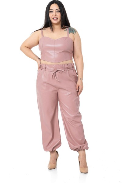 Büyük Beden Paçası Büzgü Detaylı Deri Pudra Pantolon fiyatları