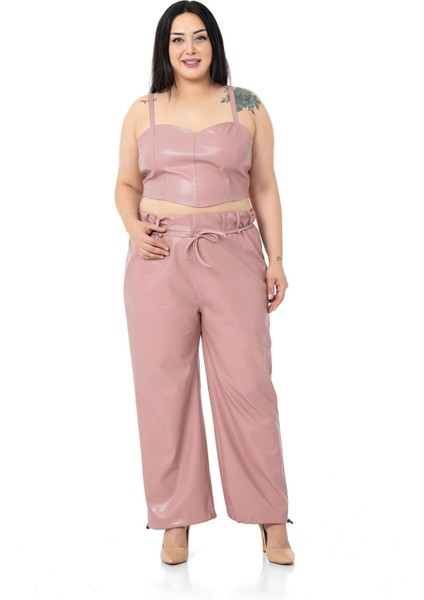 Büyük Beden Paçası Büzgü Detaylı Deri Pudra Pantolon indirimleri