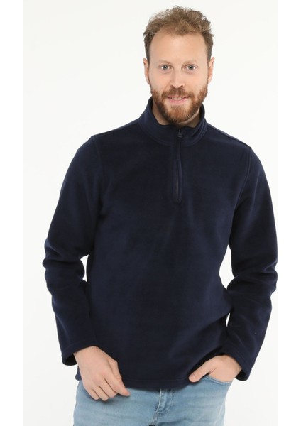 Erkek Normal Kesim Dik Yaka Yarım Fermuarlı Polar Sweatshirt Lacivert