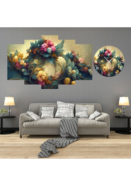 5 Parçalı Dekoratif Ahşap Duvar Tablosu ve Saati 60X124 cm