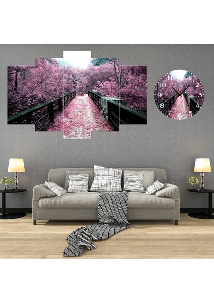5 Parçalı Dekoratif Ahşap Duvar Tablosu ve Saati 60X124 cm