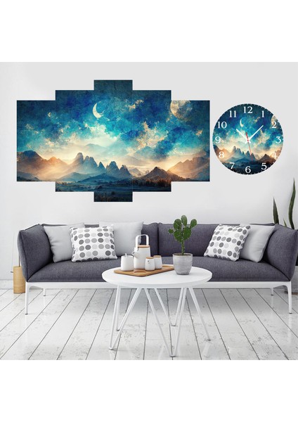 5 Parçalı Dekoratif Ahşap Duvar Tablosu ve Saati 60X124 cm