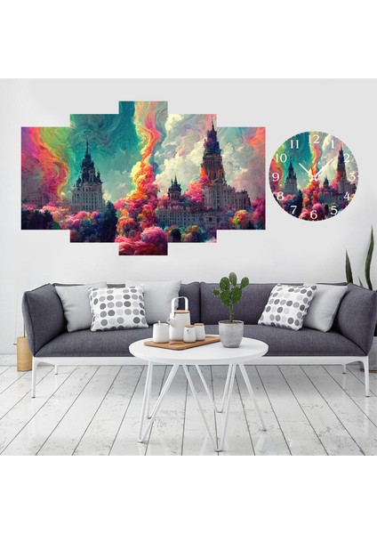 5 Parçalı Dekoratif Ahşap Duvar Tablosu ve Saati 60X124 cm