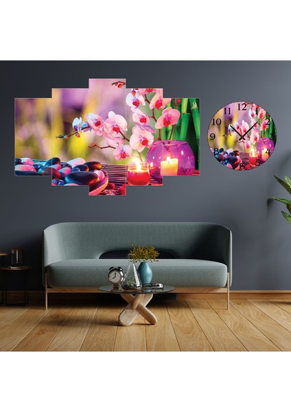 5 Parçalı Dekoratif Ahşap Duvar Tablosu ve Saati 60X124 cm