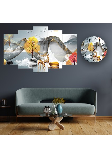 5 Parçalı Dekoratif Ahşap Duvar Tablosu ve Saati 60X124 cm