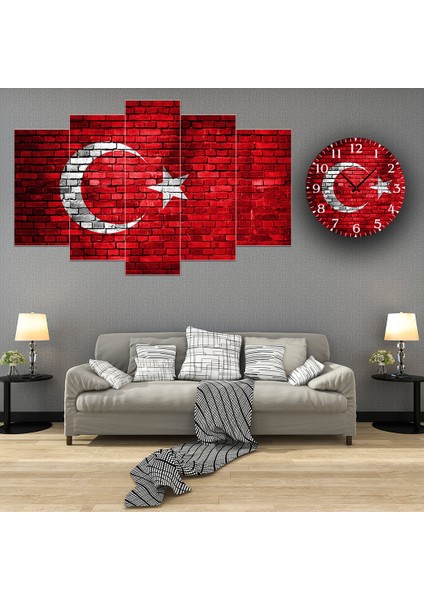 5 Parçalı Dekoratif Ahşap Duvar Tablosu ve Saati 60X124 cm