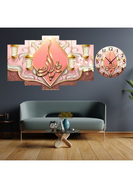 5 Parçalı Dekoratif Ahşap Duvar Tablosu ve Saati 60X124 cm