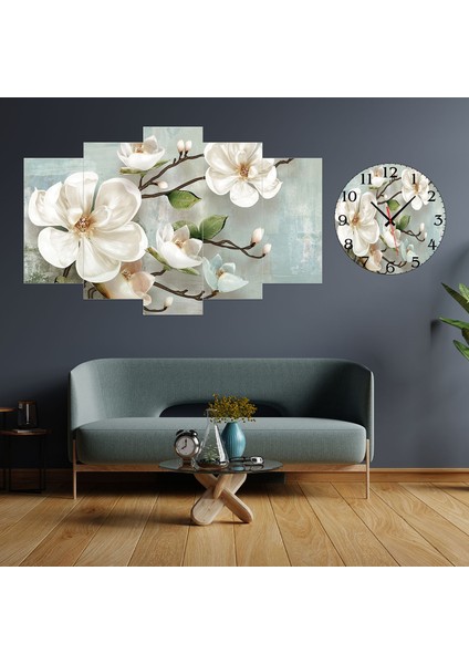 5 Parçalı Dekoratif Ahşap Duvar Tablosu ve Saati 60X124 cm