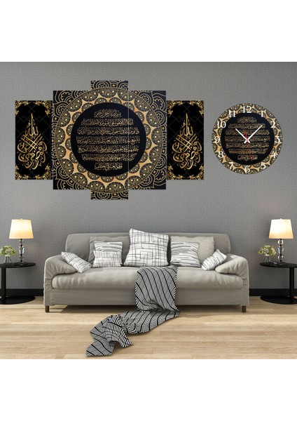 5 Parçalı Dekoratif Ahşap Duvar Tablosu ve Saati 60X124 cm