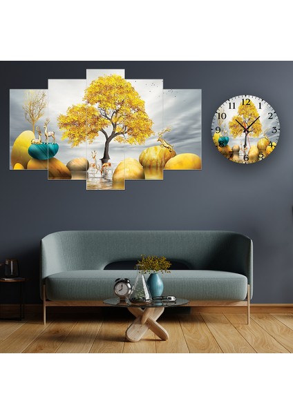 5 Parçalı Dekoratif Ahşap Duvar Tablosu ve Saati 60X124 cm