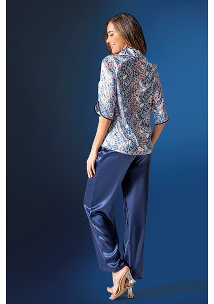 Çiçek Desenli Saten Mavi Pijama Takım modelleri