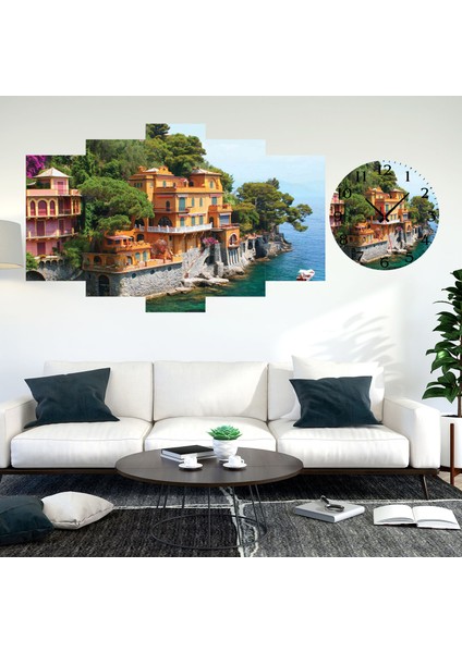 5 Parçalı Dekoratif Ahşap Duvar Tablosu ve Saati 60X124 cm