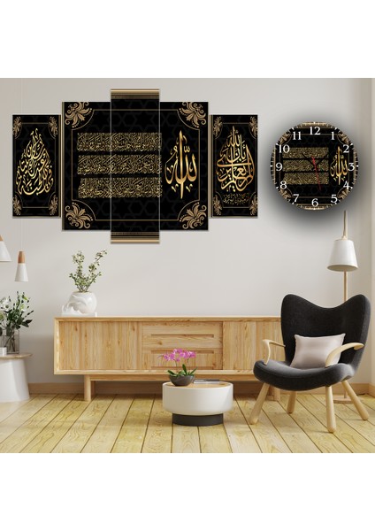 5 Parçalı Dekoratif Ahşap Duvar Tablosu ve Saati 60X124 cm