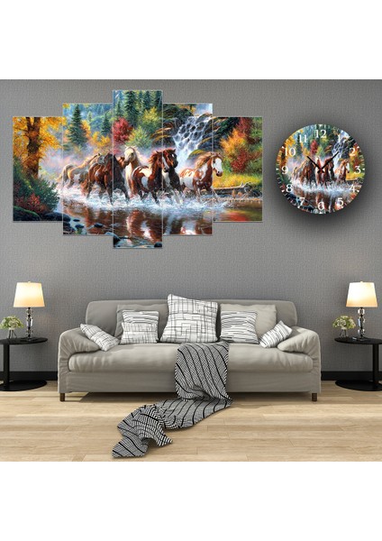 5 Parçalı Dekoratif Ahşap Duvar Tablosu ve Saati 60X124 cm
