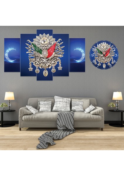 5 Parçalı Dekoratif Ahşap Duvar Tablosu ve Saati 60X124 cm