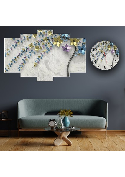 5 Parçalı Dekoratif Ahşap Duvar Tablosu ve Saati 60X124 cm