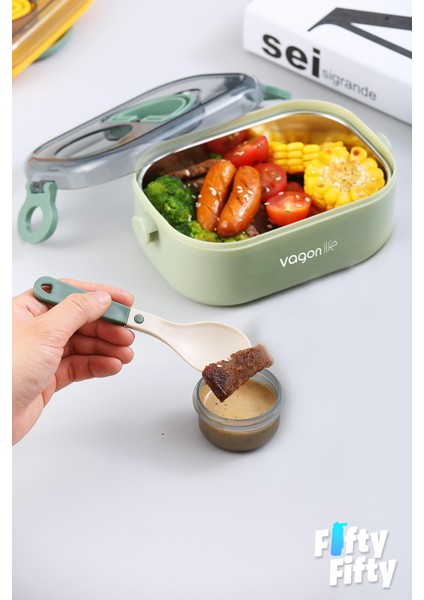 550 ml Tek Kat Paslanmaz Çelik Bento Lunch Box Yeni Nesil Sefer Tası-Sos Kaseli MODEL-A51-