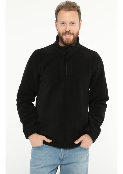 Erkek Normal Kesim Dik Yaka Yarım Fermuarlı Polar Sweatshirt Siyah