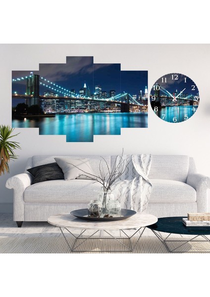 5 Parçalı Dekoratif Ahşap Duvar Tablosu ve Saati 60X124 cm
