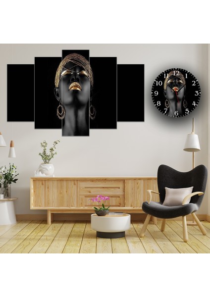5 Parçalı Dekoratif Ahşap Duvar Tablosu ve Saati 60X124 cm