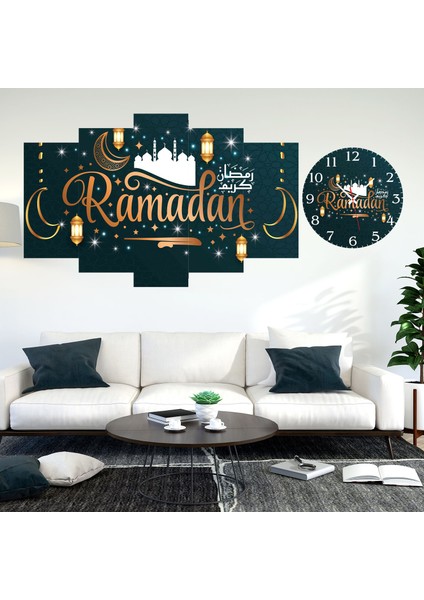5 Parçalı Dekoratif Ahşap Duvar Tablosu ve Saati 60X124 cm