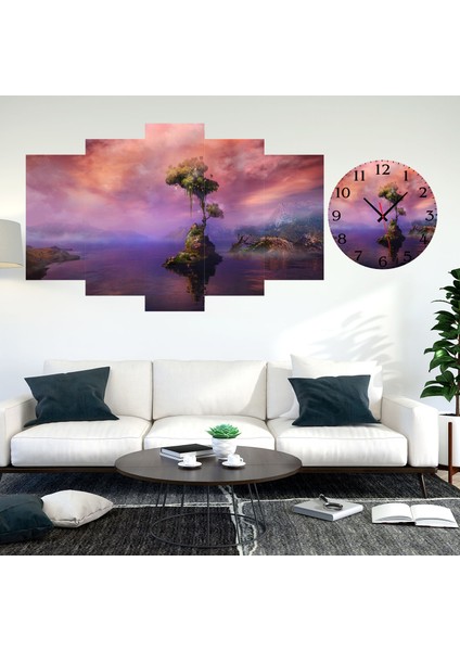 5 Parçalı Dekoratif Ahşap Duvar Tablosu ve Saati 60X124 cm