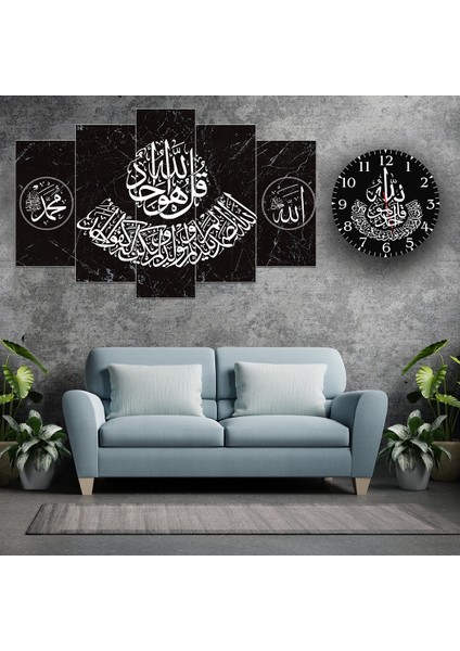 5 Parçalı Dekoratif Ahşap Duvar Tablosu ve Saati 60X124 cm
