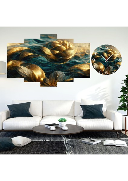 5 Parçalı Dekoratif Ahşap Duvar Tablosu ve Saati 60X124 cm