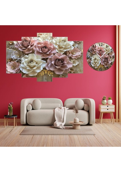 5 Parçalı Dekoratif Ahşap Duvar Tablosu ve Saati 60X124 cm