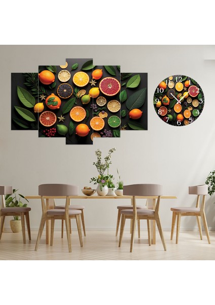 5 Parçalı Dekoratif Ahşap Duvar Tablosu ve Saati 60X124 cm