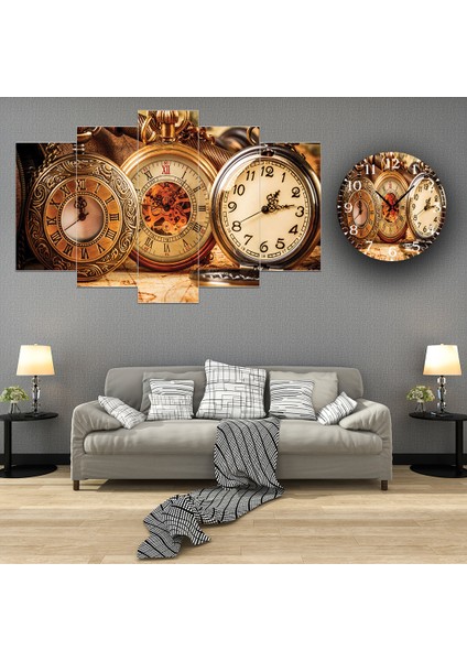 5 Parçalı Dekoratif Ahşap Duvar Tablosu ve Saati 60X124 cm