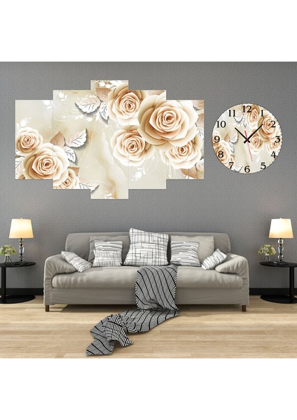 5 Parçalı Dekoratif Ahşap Duvar Tablosu ve Saati 60X124 cm