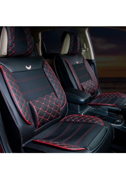 fiat Stilo Uyumlu Lüx Deri Oto Koltuk Kılıfı Ön Arka Set Unıverse Serisi Siyah Kırmızı