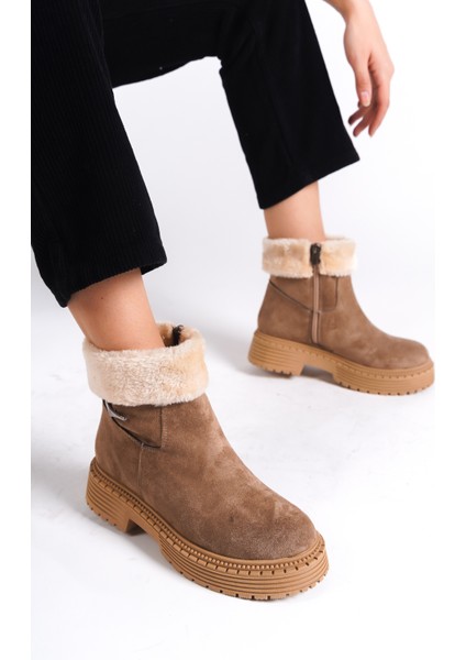 Mbıbr205-N Kadın Nude Süet Yakası Kürklü Kalın Thermo Taban Kısa Bot & Bootie