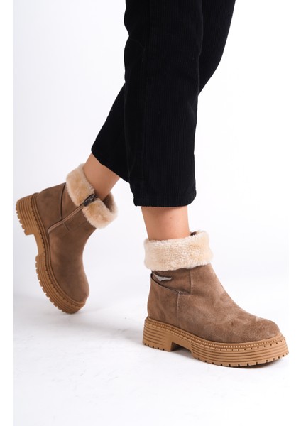 Mbıbr205-N Kadın Nude Süet Yakası Kürklü Kalın Thermo Taban Kısa Bot & Bootie modelleri