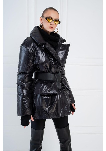 Şişme Kemerli Mont Siyah Kadın