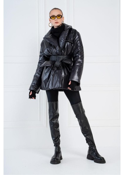 Şişme Kemerli Mont Siyah Kadın fiyatları