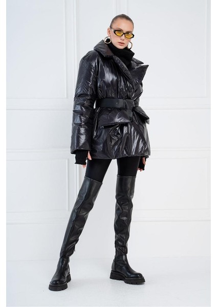 Şişme Kemerli Mont Siyah Kadın modelleri