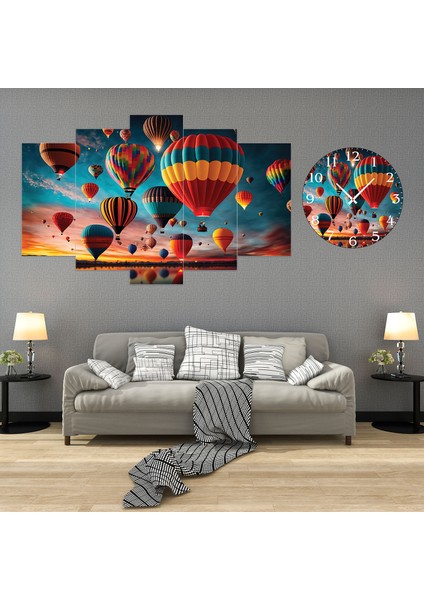 5 Parçalı Dekoratif Ahşap Duvar Tablosu ve Saati 60X124 cm
